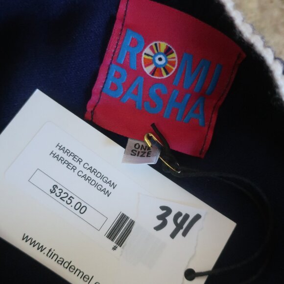 NWT Romi Basha Harper Navy Blue, White Cardigan Sweater O/S - Picture 10 of 10